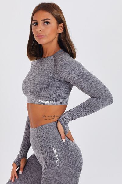 Gymwolves Women's Long Sleeve Seamless Sports T-Shirt | Crop Tops | Ash Color | Activated Series |