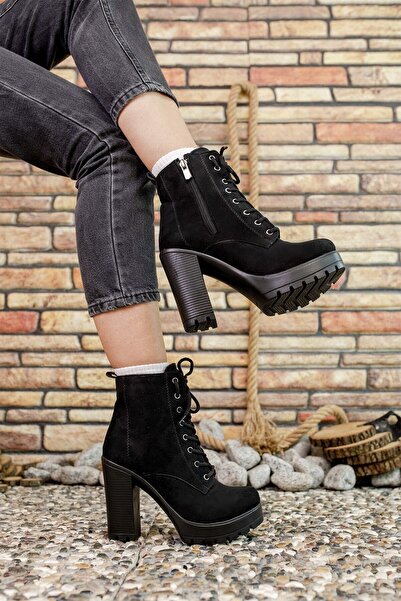 Riccon Siyah Süet Kadın Yüksek Topuklu Bot 0012sp01