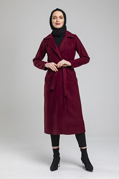 CNG MODA Haină de damă din lână, fără căptușeală, cu centură, culoare burgund...