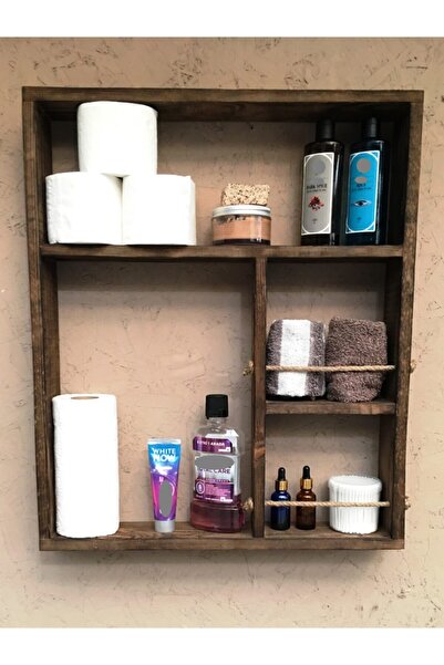 IMKER HOME Dekoratif Tasarım Halatlı 4 Gözlü Ahşap Duvar Rafı Çok Amaçlı Tere...