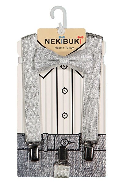 NEKİBUKİ Erkek Gri Zemin Gümüş Varak Düz Renk 1-9 Yaş Pantolon Askı Papyon Seti