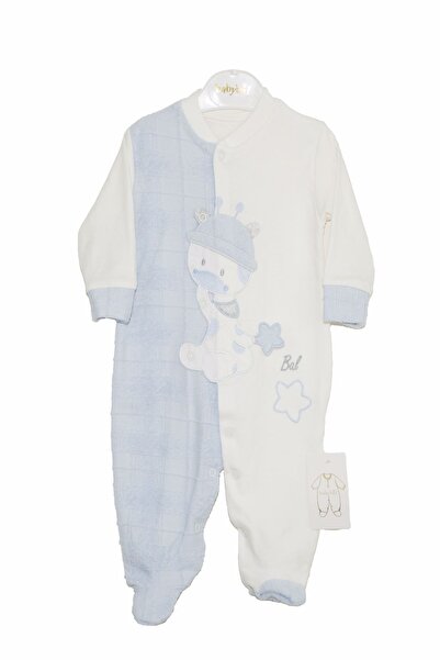 Babybal Megatrend=> %100 Pamuk Patikli Mavi Kedi Desenli Bebek Tulumu