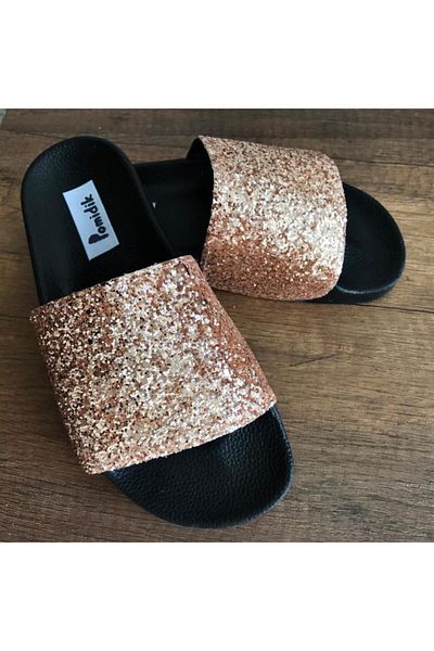 Pomidik Women's Bronze Glittery Shiny Single Strap Summer Slippers