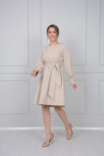 giyimmasalı Crepe Fabric Waist Rubber Dress - Mink