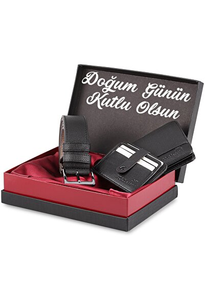 Poloair Erkek Siyah Doğum Günün Kutlu Olsun Yazılı Kutulu Kemer Cüzdan Kartlı...