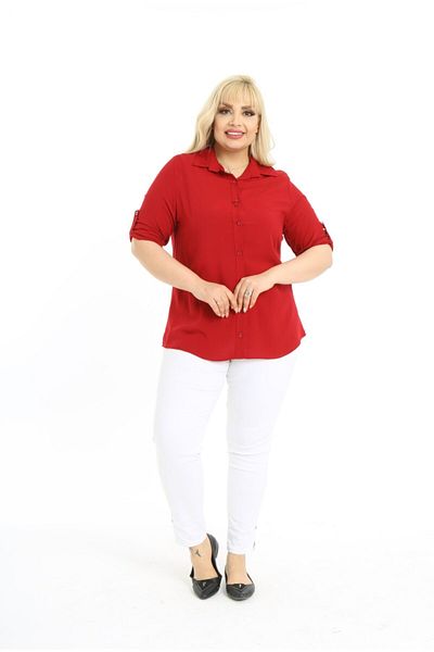 By Alba Collection Cămașă Roșu Claret pentru Damă - Bumbac Viscoză, Solid Plus Size
