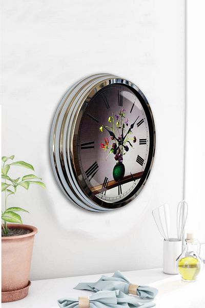Kasva Concept Gift 40 cm Chrome Metal Flower Wall Clock