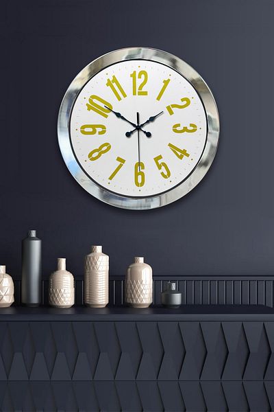 Kasva Concept Gift 36 cm Chrome Metal Yellow Number Wall Clock