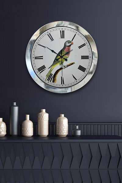Kasva Concept Gift 36 cm Chrome Metal Wall Clock with Bird