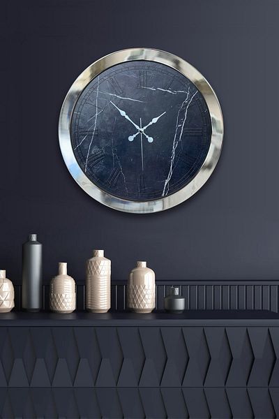 Kasva Concept 36 cm Chrome Metal Black Marble Wall Clock