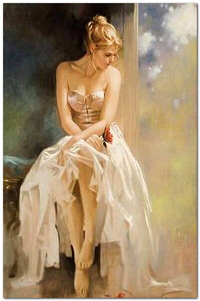 Cakatablo Ahşap Tablo Ressam Daniel Beyaz Elbiseli Kadın Yağlı Boya Çalışması...