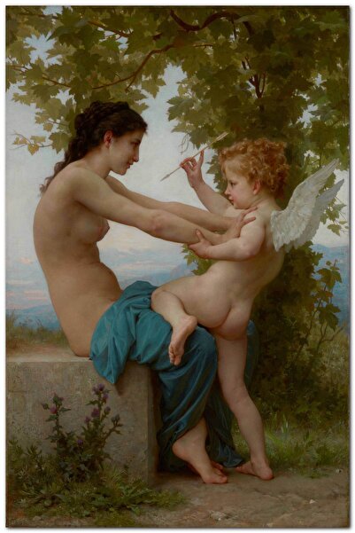 Cakatablo Ahşap Tablo Genç Kız Aşk Tanrısı Eros'a Direniyor (35x50 Cm Boyut)