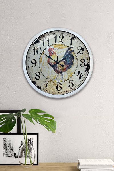 Kasva Concept Gift 40 cm White Metal Rooster Wall Clock