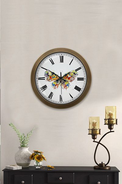 Kasva Concept Gift 36 cm Antique Metal Butterfly Wall Clock