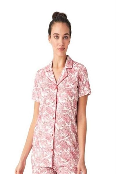 Mod Collection طقم بيجامة قميص نسائي وردي بأزرار