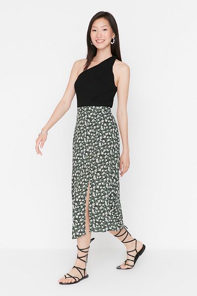 Trendyol Collection Khaki hasított részletes virágmintás viszkóz szövet Midi szőtt szoknya TWOSS20ET0230