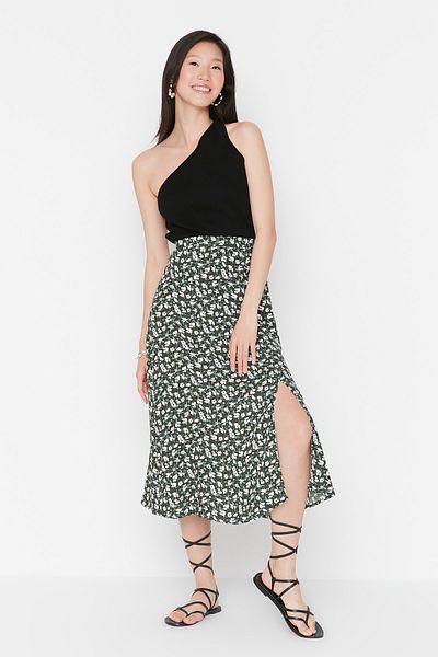 Trendyol Collection Khaki hasított részletes virágmintás viszkóz szövet Midi szőtt szoknya TWOSS20ET0230