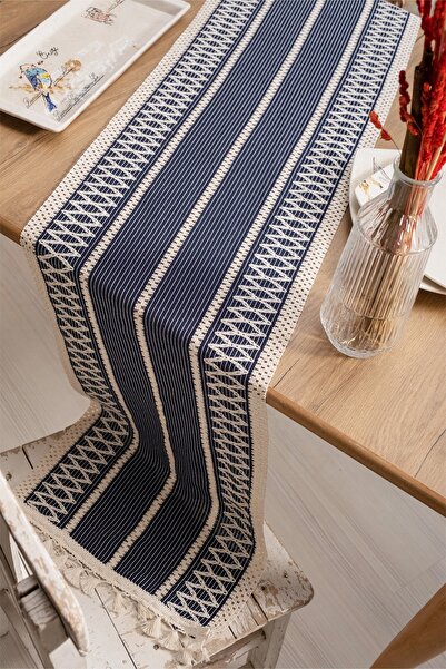 vivamaison Cotton Lace Navy Blue 35x145 Cm Runner Table Cloth