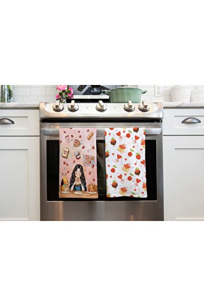 Erays Home Set de 2 prosoape de mână de bucătărie Erayshome Strawberry Girl și Red Candy Pattern