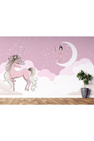 LOTUS AURA Unicorn Desenli Kız Çoçuk Odası Duvar Kağıdı, Mor Renkli Bebek Odası Duvar Resmi