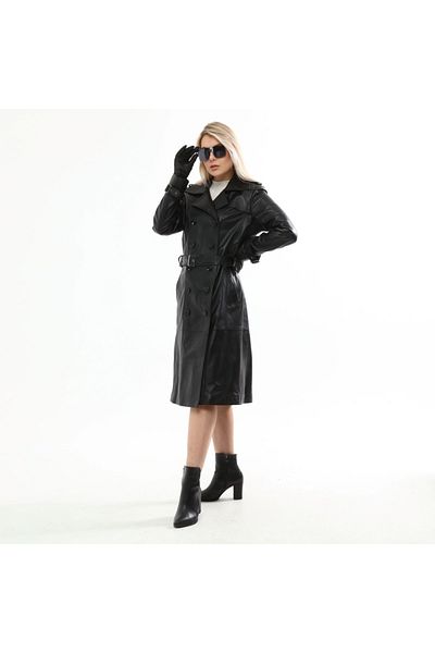 CE-YIL DERİ ÜRÜNLERİ Women's Leather Trench Coat Black