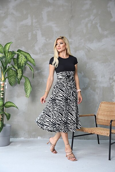 lovebox فستان سهرة متوسط الطول بأكمام قصيرة منقوش حمار وحشي مع تفاصيل حزام 62003