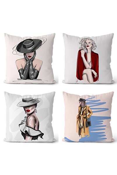 EVPANYA Kokoş Kadın Serisi 5 Desenli Çift Tarafı Baskılı 4'lü Kırlent Kılıfı