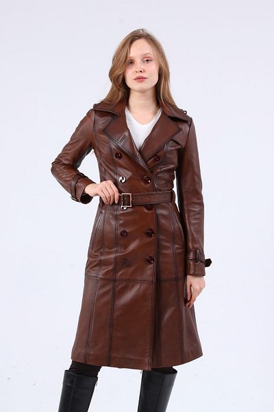 CE-YIL DERİ ÜRÜNLERİ Women's Genuine Leather Trench Coat