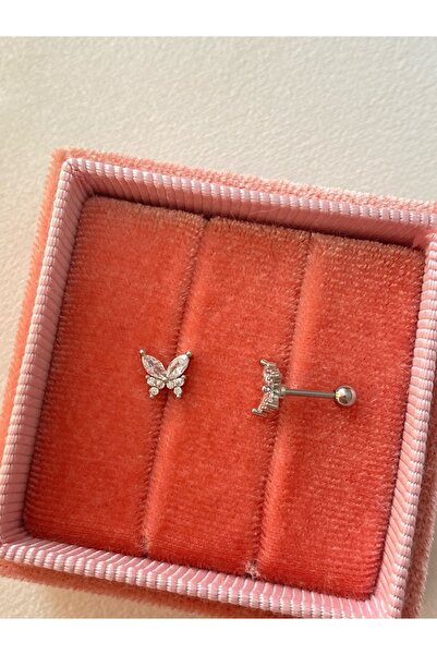 H&B Design Silver Rengi Cerrahi Çelik Silver Taşlı Kelebek Tragus Kıkırdak Pi...