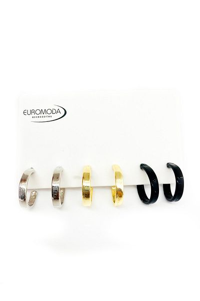 EUROMODA Set of 6 Thick Small Hoop Earrings in Black, Gold and Silver