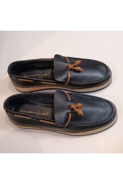 Roberto Ley Unisex Genuine Calfskin Puffed Navy Blue Tan Leather Lacing Pompom Ornate Eva Sole Loafer