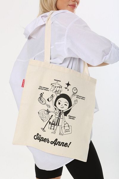 Serkan Çanta Bez Çanta Atölyesi Υφασμάτινη τσάντα Tote Bag Super Mom Printed