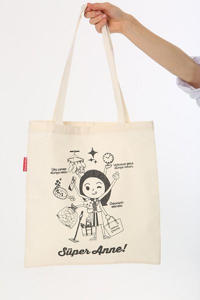 Serkan Çanta Bez Çanta Atölyesi Υφασμάτινη τσάντα Tote Bag Super Mom Printed