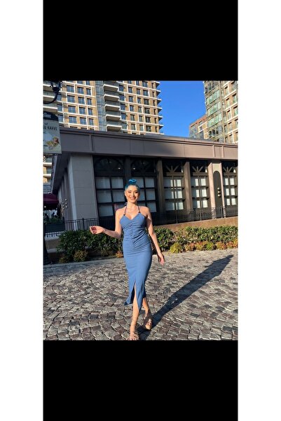 LOCH BUTİK Kadın Yaka Boncuk Detaylı Mavi Pamuk Keten Elbise