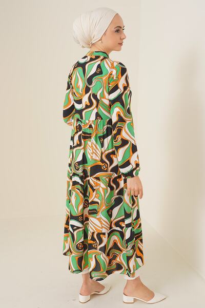 Bigdart 2358 Wspaniała wzorzysta sukienka z kołnierzykiem - Zielona