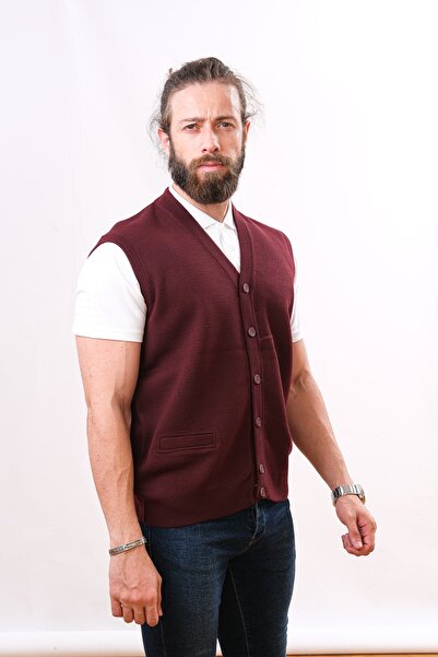 Çukurova Wool Steel Knit Sleeveless Knitwear Vest - Claret Red