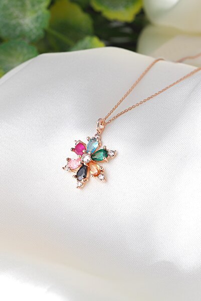 Zanaatsilver 925 Ayar Gümüş Zincirli Mix Taşlı Rose Kaplama Lotus Kamelya Çiç...