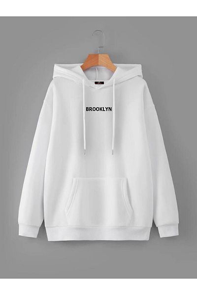 Buğraterzimoda Hanorac alb cu glugă din Brooklyn, cu buzunar cangur
