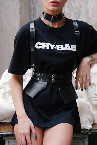 Sweet Demon Black Leather Corset - Shoulder Strap, Front Tie Belt and Choker Set