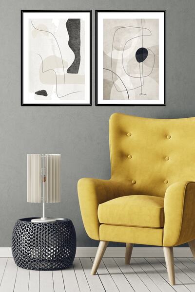 Linacci Set de picturi cu poster din sticlă neagră geometrică abstractă cu cadru metalic din aluminiu negru dublu