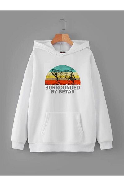 Buğraterzimoda Hanorac cu glugă cu buzunar cangur alb unisex cu imprimeu de lup