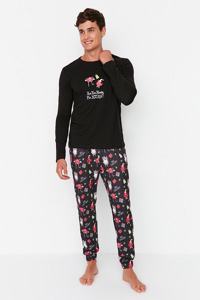 Trendyol Collection Μαύρο εμπριμέ 100% βαμβακερό σετ πιτζάμες κανονικής εφαρμογής - TMNAW23PT00025