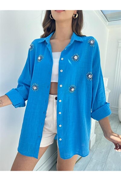 Okyanus Butik Kadın Mavi Boncuk Işlemeli Oversize Tasarım Gömlek