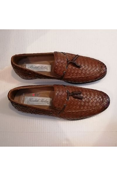 Butik Tülin Unisex Genuine Leather Burning Hand Knitted Tan Brown Bias Pompom Thin Rubber Sole Loafer
