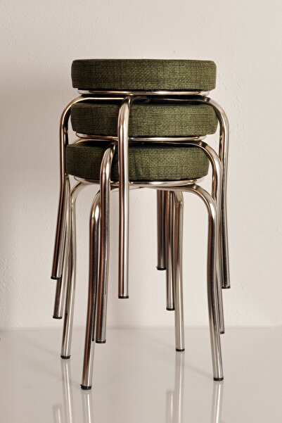 AKK TİCARET 3 Adet Yeşil Desenli Renkli Kumaş Nikelajlı Demir Tabure Mutfak T...