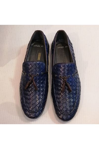 D By Divarese Genuine Leather Hand Knitted Parliament Blue Pompom Very Soft Thin Rubber Sole Loafer