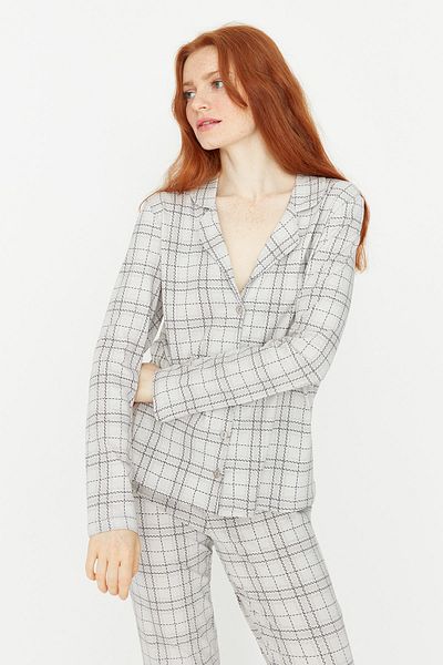 Trendyol Collection Καρό γκρι πλεκτό σετ πιτζάμες - 100% βαμβάκι THMAW20PT0266