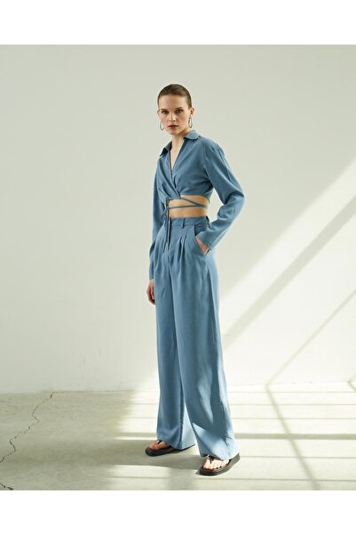 Juste Studio Rakott széles szárú kék nadrág