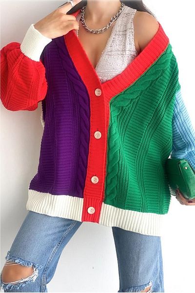 FEMELLE Cardigan tricotat supradimensionat, multicolor, sezon nou, pentru femei