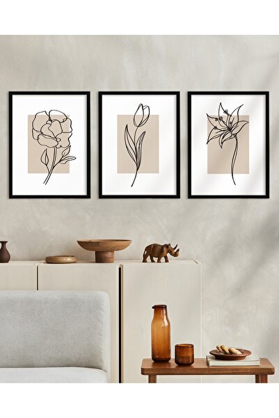 One Line Art Çiçekler Özel Tasarım Dekoratif Mdf Duvar Tablo Seti 3 Parça